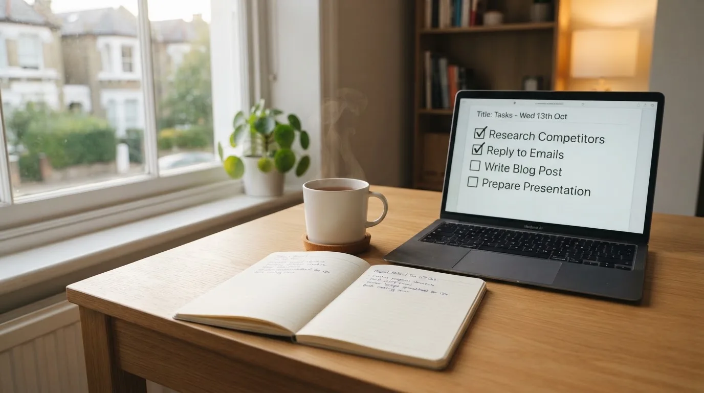 A tidy desk with a notebook, a mug of tea and a laptop open to a checklist, morning light through a window.