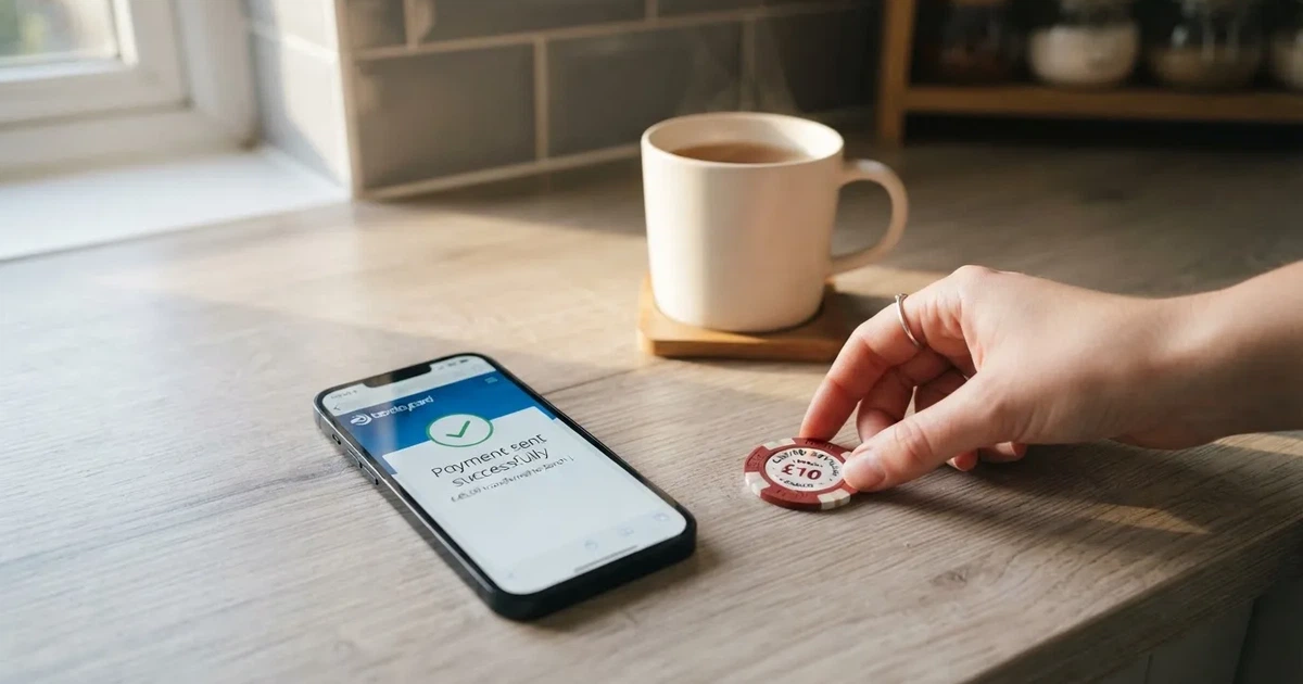 A hand places a £1 coin next to a smartphone showing a bank transfer confirmation screen on a kitchen table.