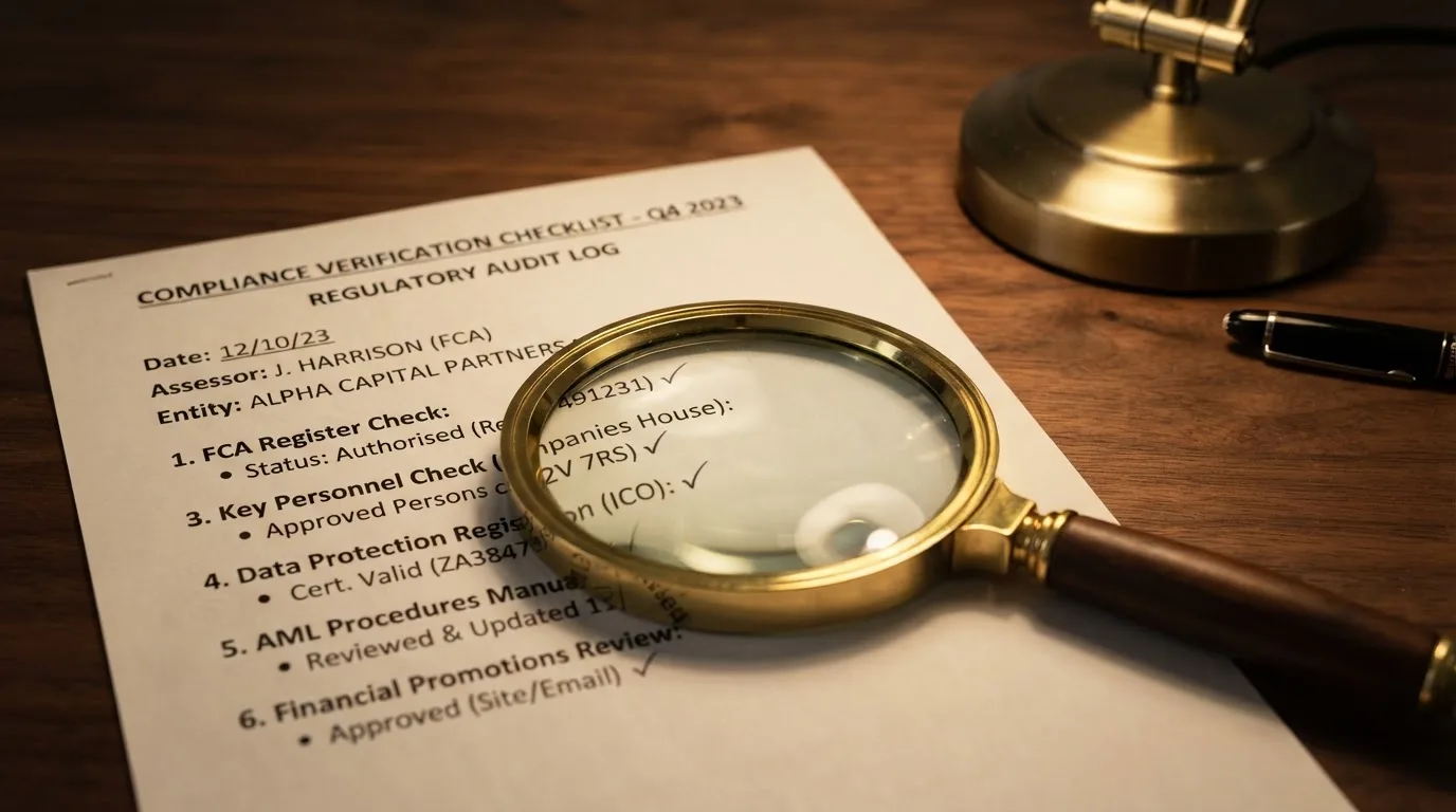 A magnifying glass rests over a printed regulatory certificate on a wooden desk.