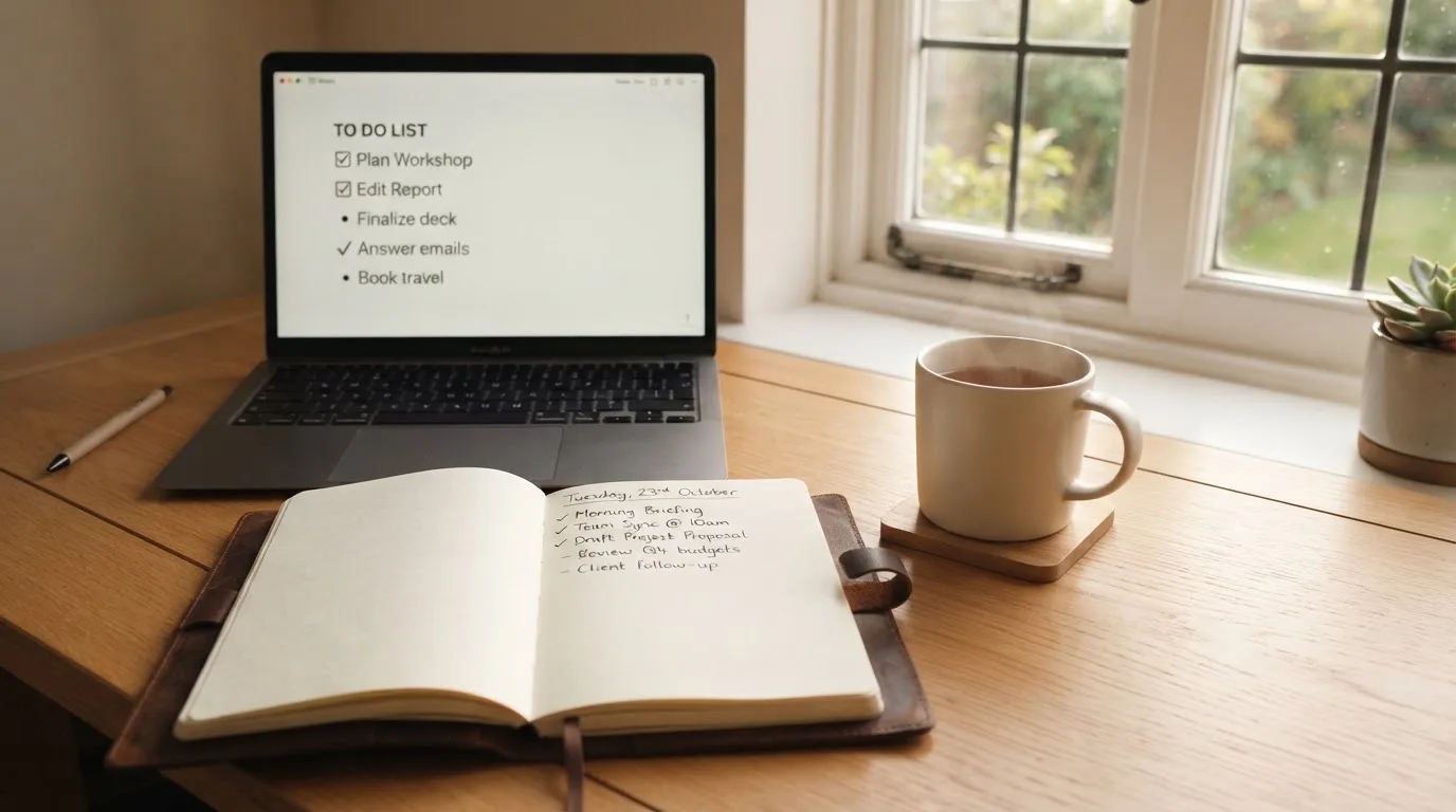 A tidy desk with a notebook, a mug of tea and a laptop open to a checklist, morning light through a window.