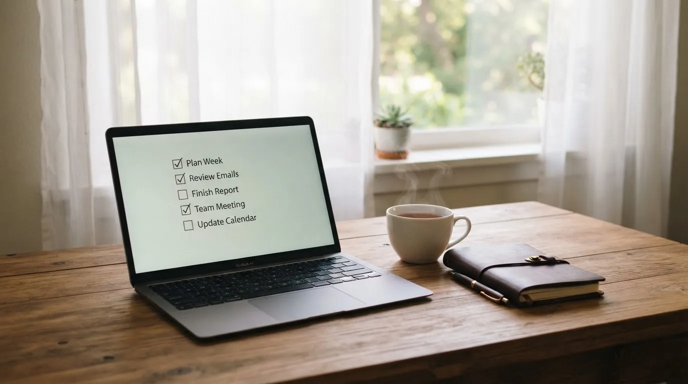 A tidy desk with a notebook, a mug of tea and a laptop open to a checklist, morning light through a window.