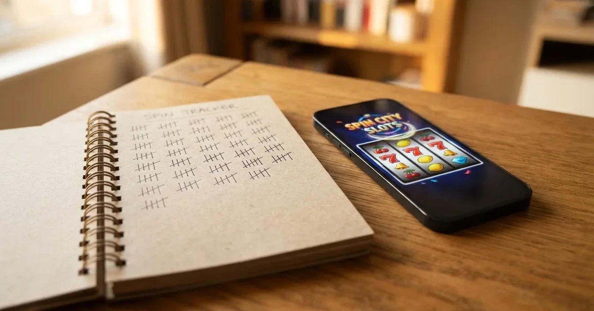 A notepad with a tally of spin counts rests beside a smartphone displaying a slot-reel icon on a desk.