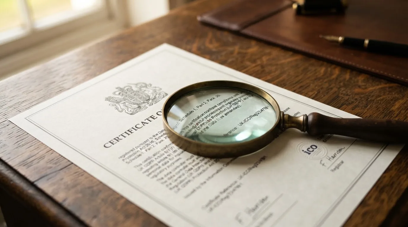 A magnifying glass rests over a printed regulatory certificate on a wooden desk.