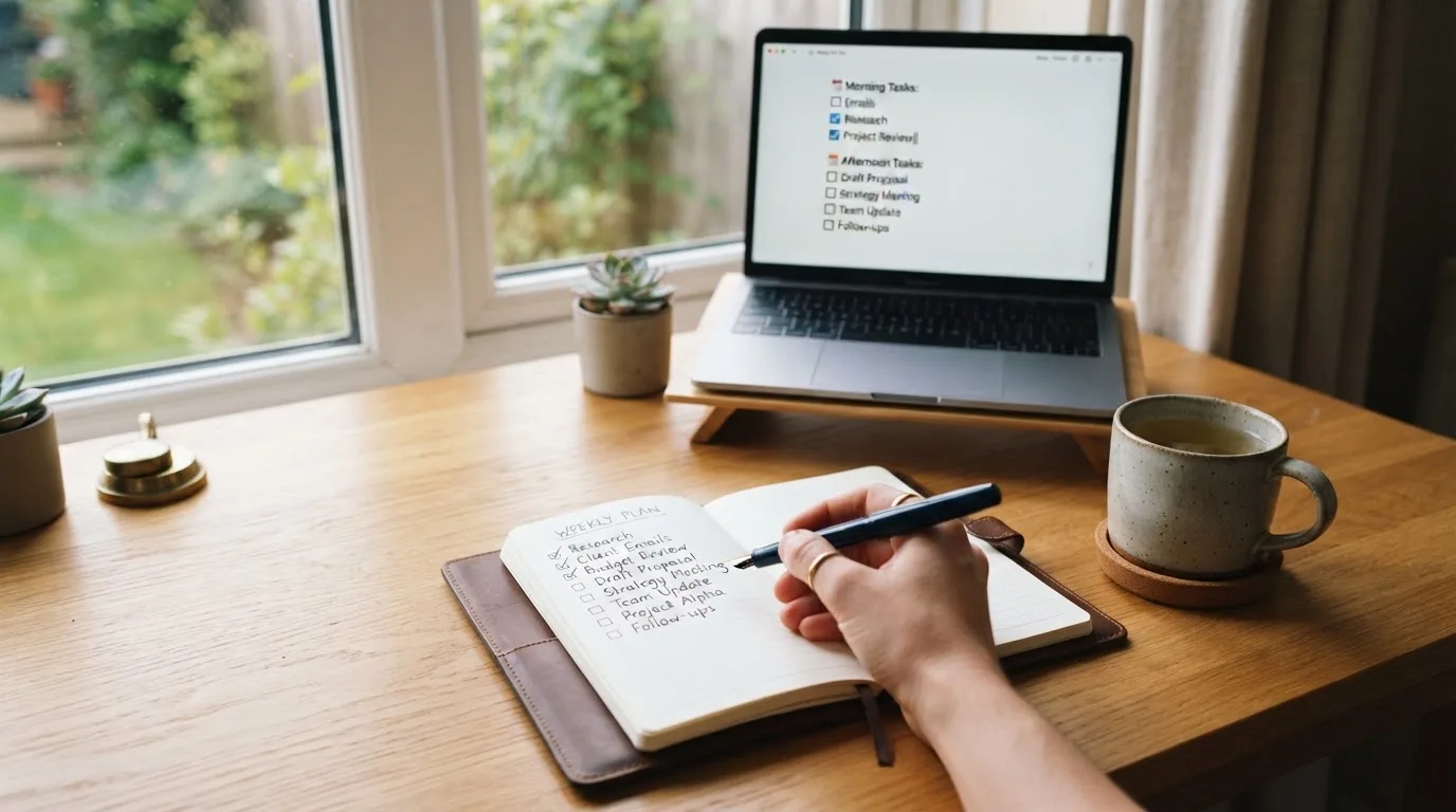 A tidy desk with a notebook, a mug of tea and a laptop open to a checklist, morning light through a window.