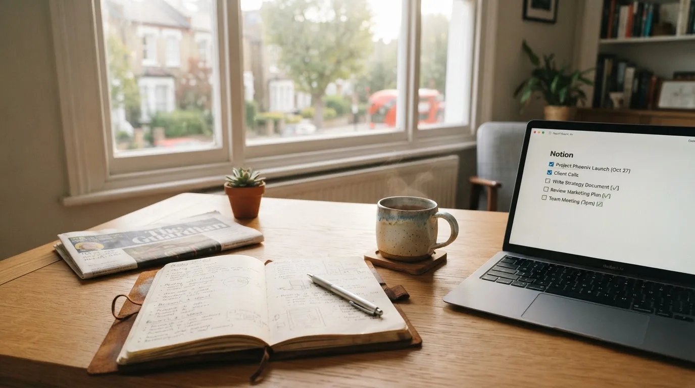 A tidy desk with a notebook, a mug of tea and a laptop open to a checklist, morning light through a window.