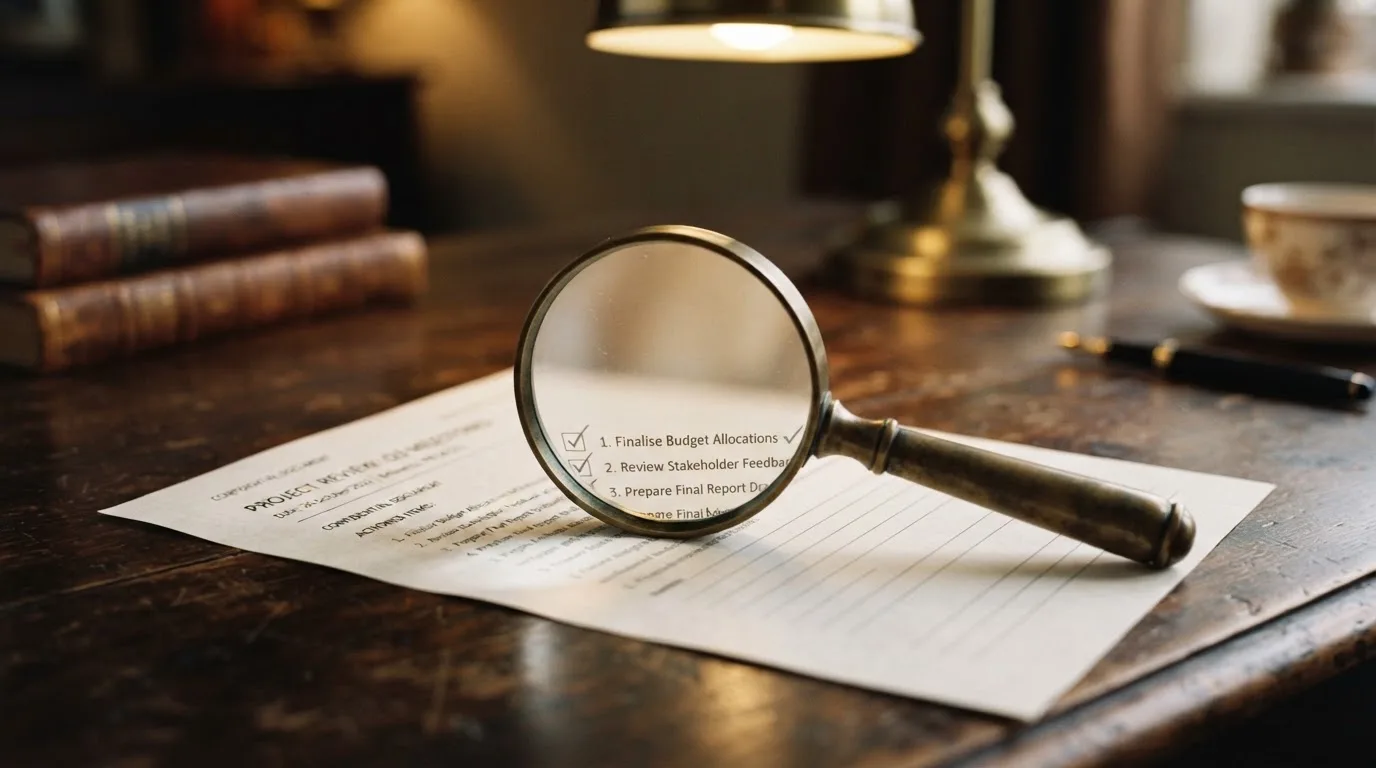 A magnifying glass rests over a printed regulatory certificate on a wooden desk.