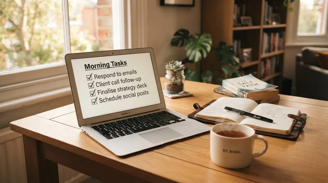 A tidy desk with a notebook, a mug of tea and a laptop open to a checklist, morning light through a window.