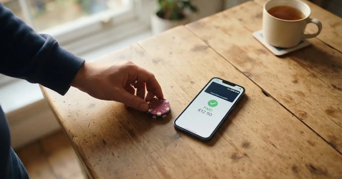 A hand places a £2 coin next to a smartphone showing a bank transfer confirmation screen on a kitchen table.