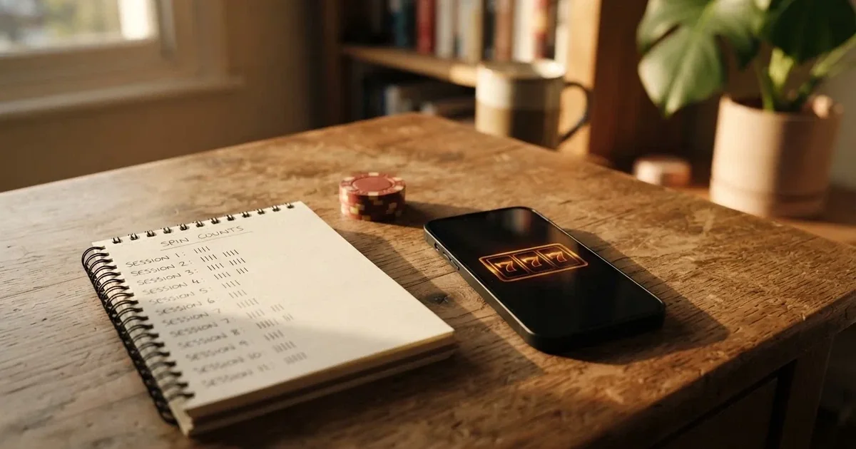 A notepad with a tally of spin counts rests beside a smartphone displaying a slot-reel icon on a desk.