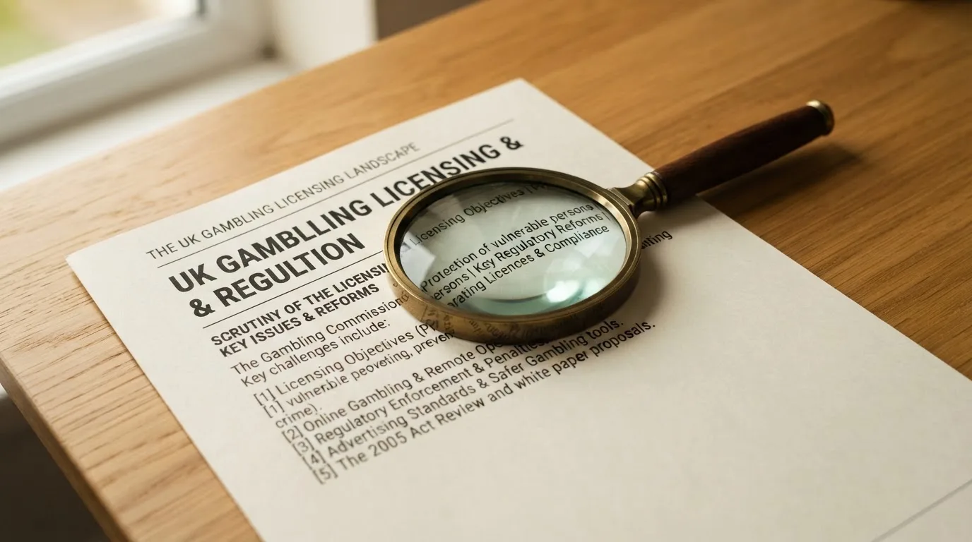 A magnifying glass rests over a printed regulatory certificate on a wooden desk.
