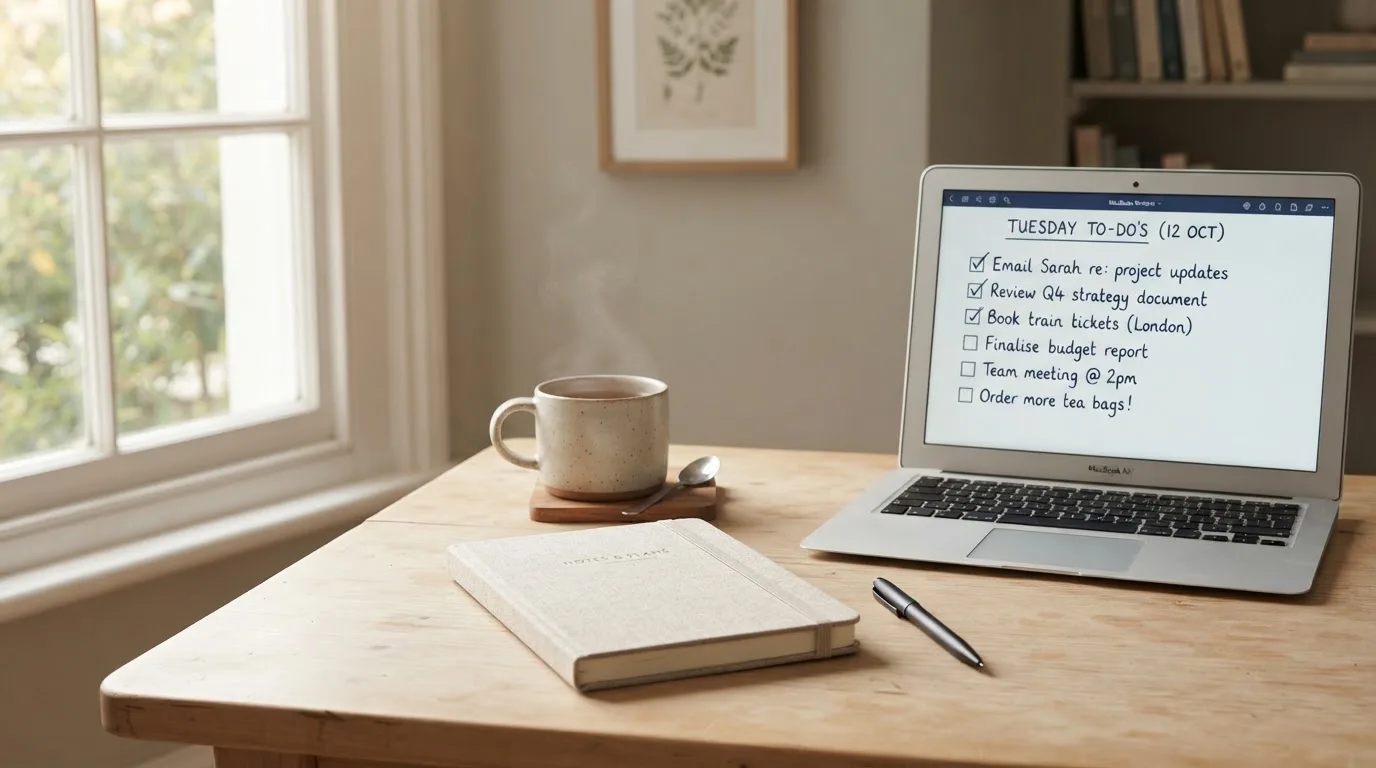 A tidy desk with a notebook, a mug of tea and a laptop open to a checklist, morning light through a window.