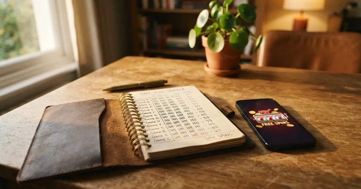A notepad with a tally of spin counts rests beside a smartphone displaying a slot-reel icon on a desk.