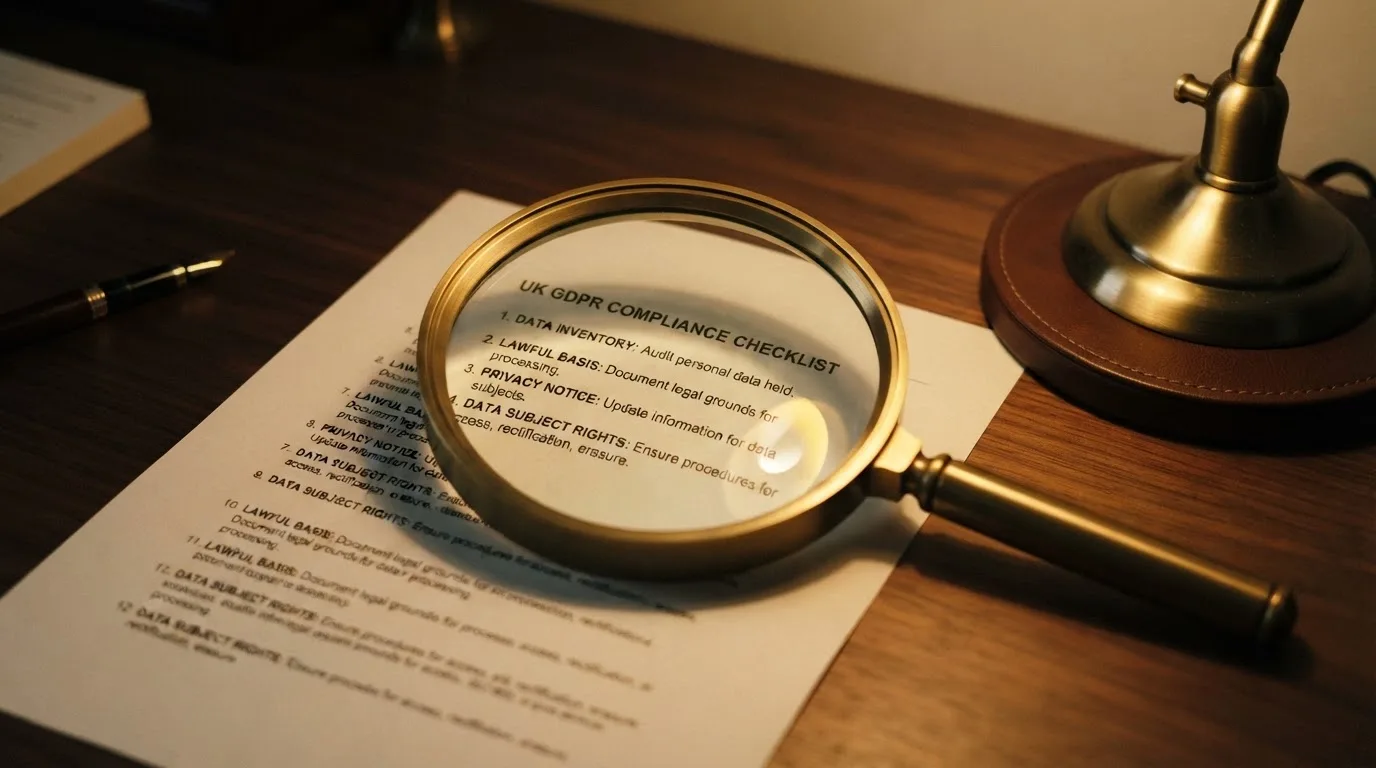 A magnifying glass rests over a printed regulatory certificate on a wooden desk.
