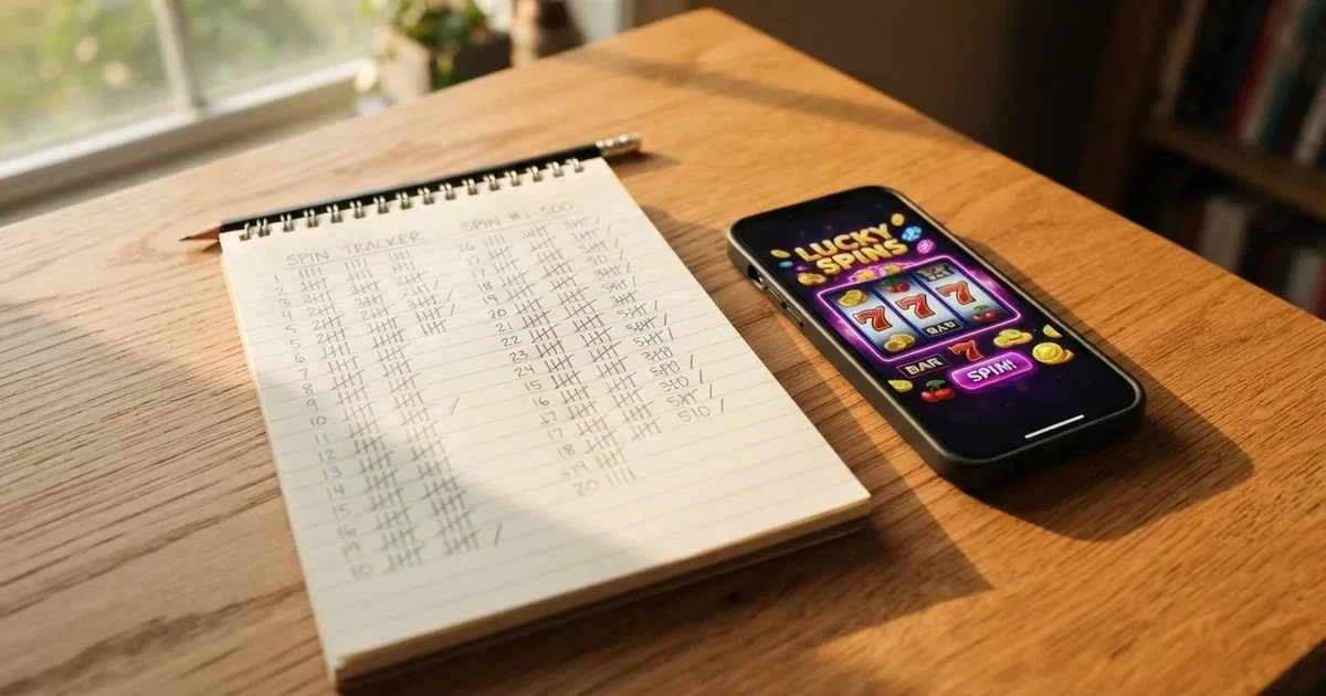A notepad with a tally of spin counts rests beside a smartphone displaying a slot-reel icon on a desk.