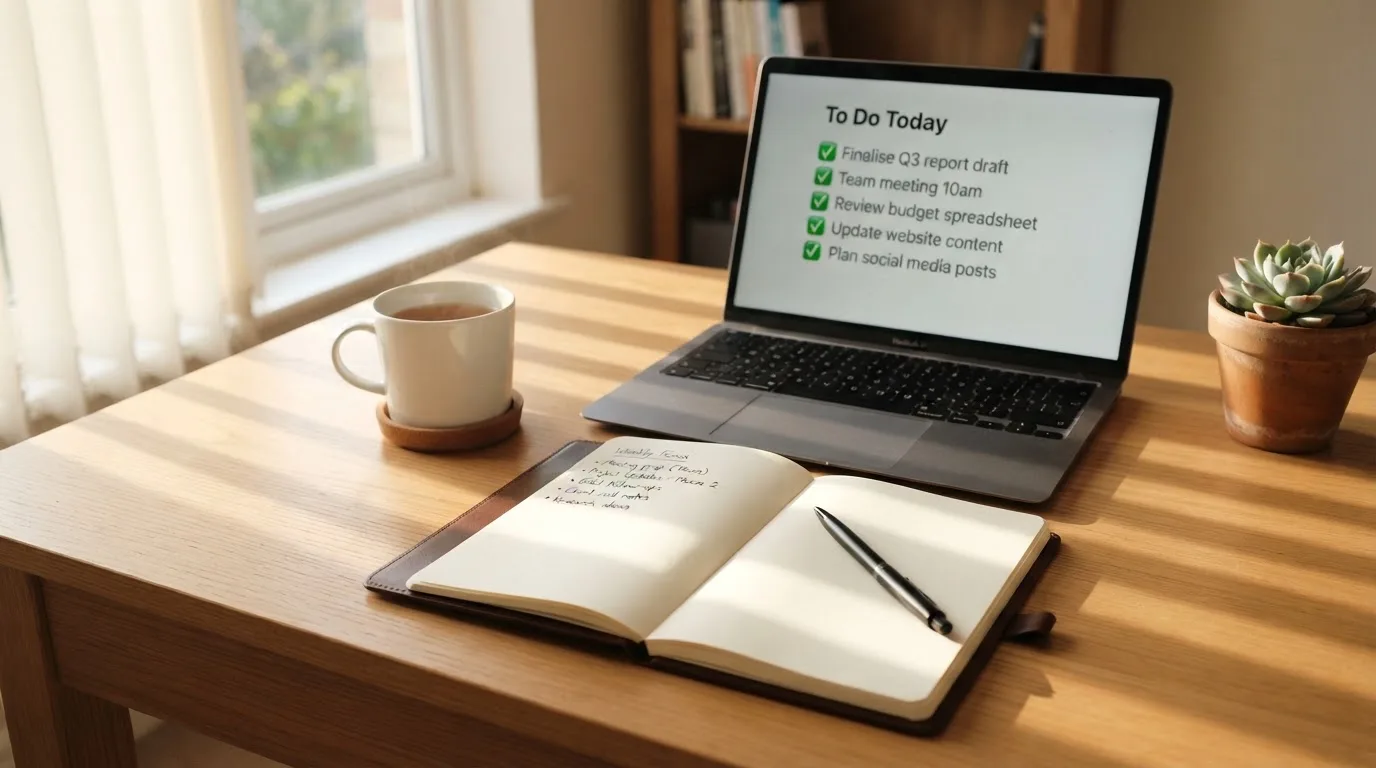 A tidy desk with a notebook, a mug of tea and a laptop open to a checklist, morning light through a window.
