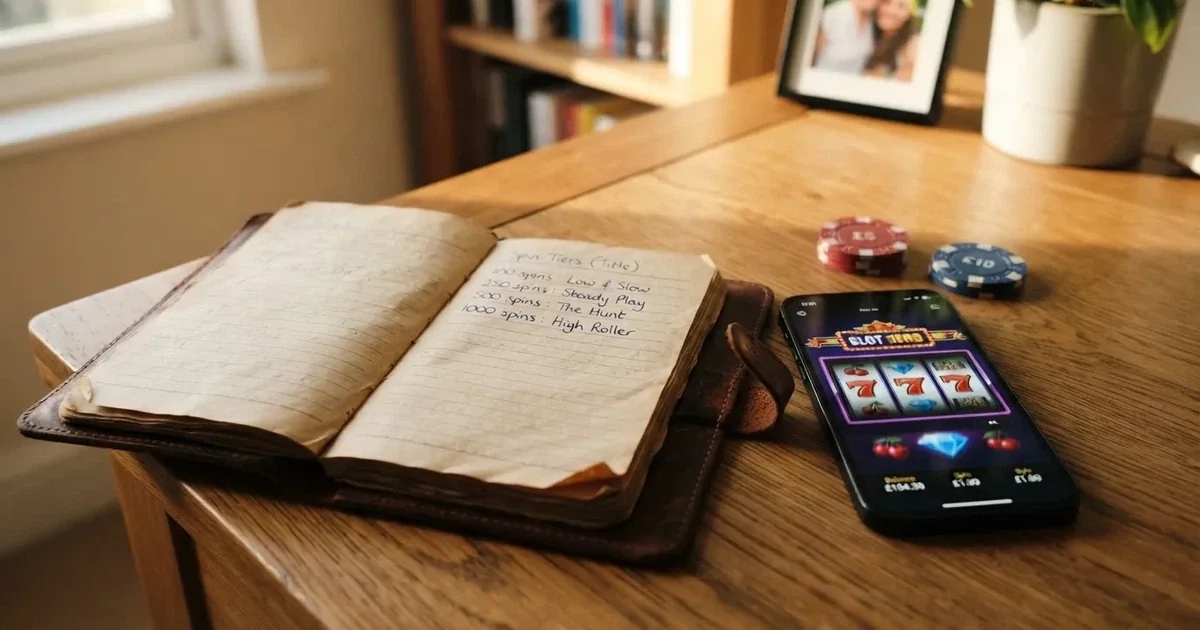 A notepad listing four spin-count tiers rests beside a smartphone displaying a slot-reel icon on a desk.