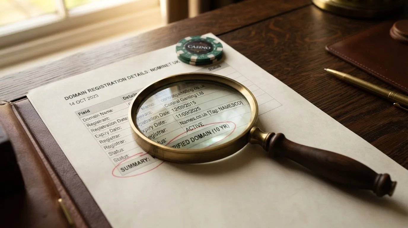 A magnifying glass rests over a printed regulatory certificate on a wooden desk.
