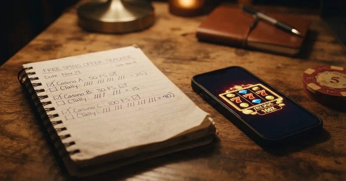 A notepad with a tally of spin counts rests beside a smartphone displaying a slot-reel icon on a desk.