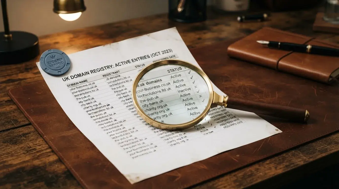 A magnifying glass rests over a printed regulatory certificate on a wooden desk.