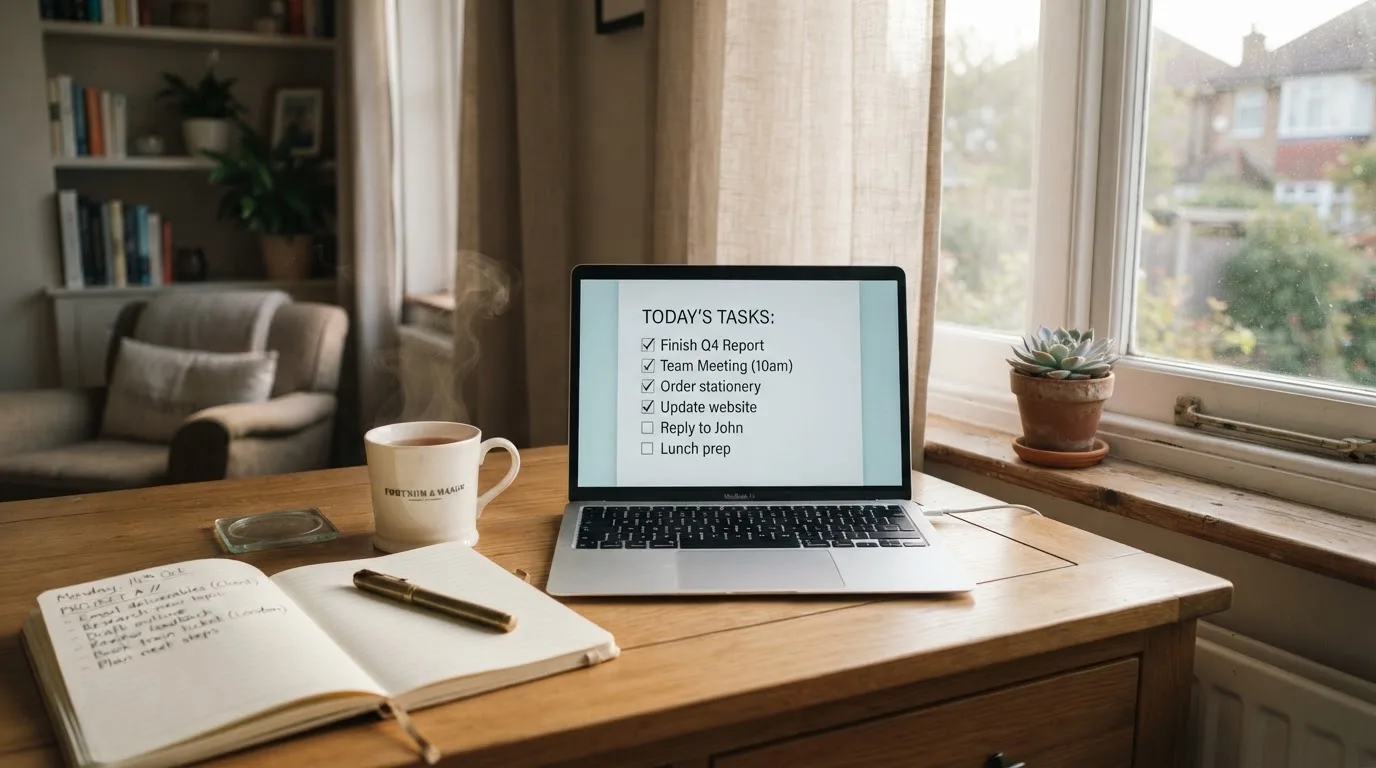 A tidy desk with a notebook, a mug of tea and a laptop open to a checklist, morning light through a window.