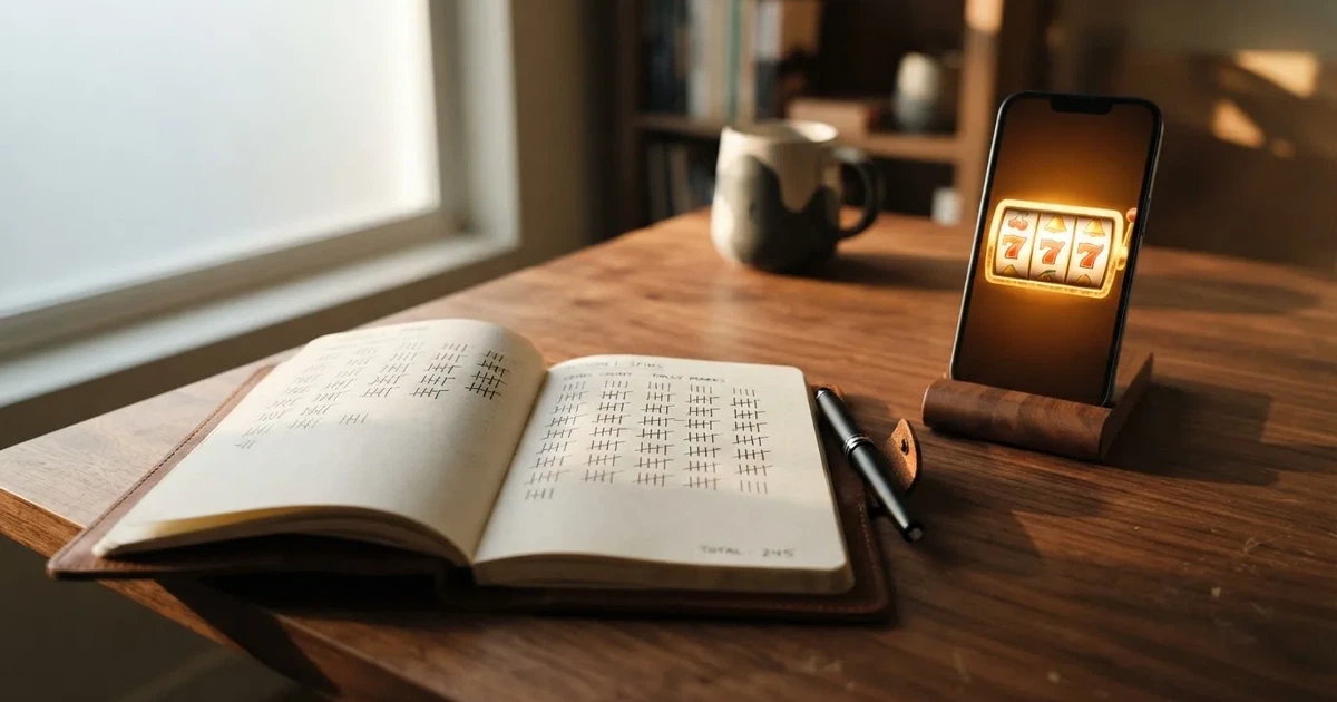A notepad with a tally of spin counts rests beside a smartphone displaying a slot-reel icon on a desk.