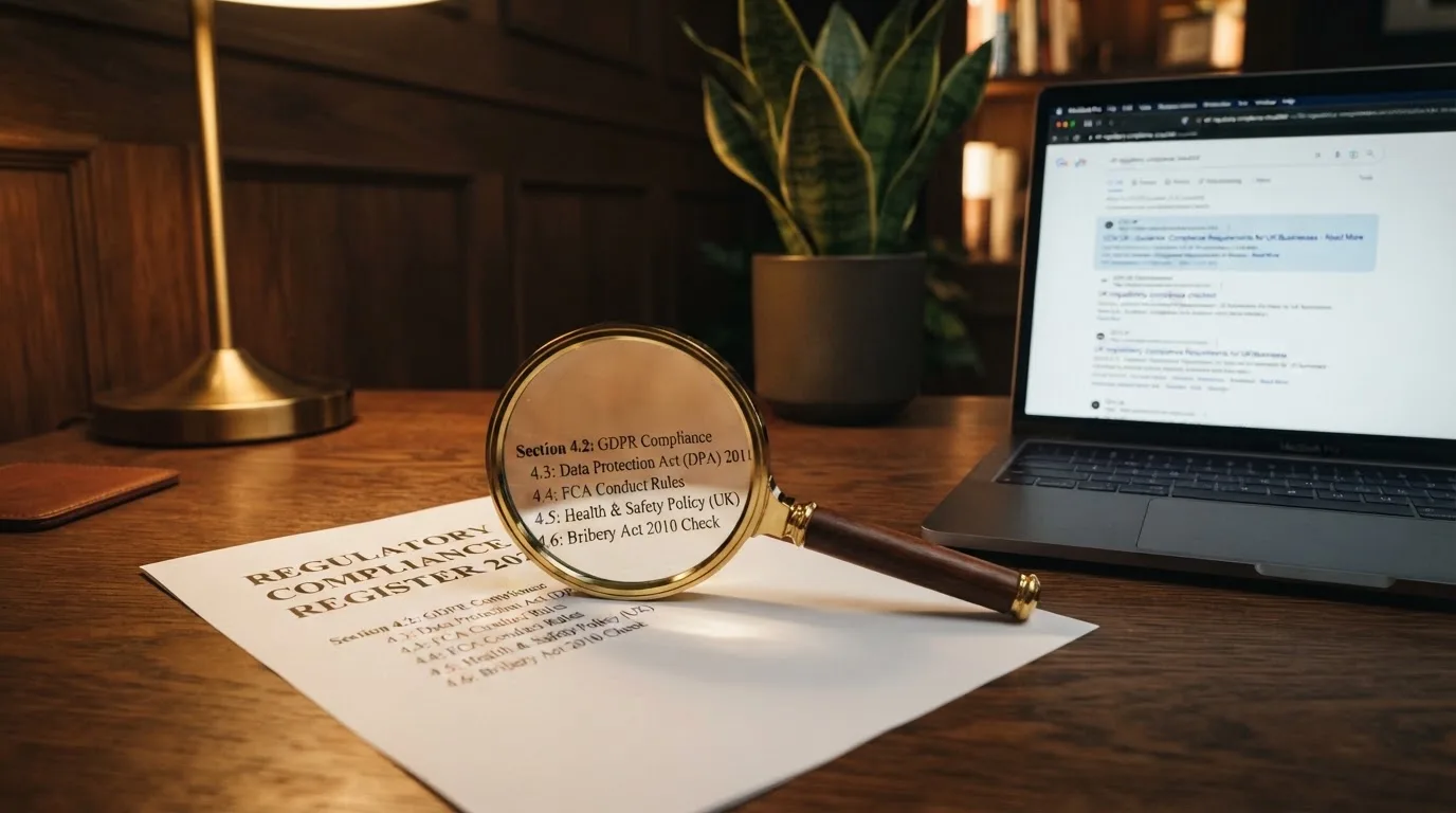 A magnifying glass rests over a printed regulatory certificate on a wooden desk.