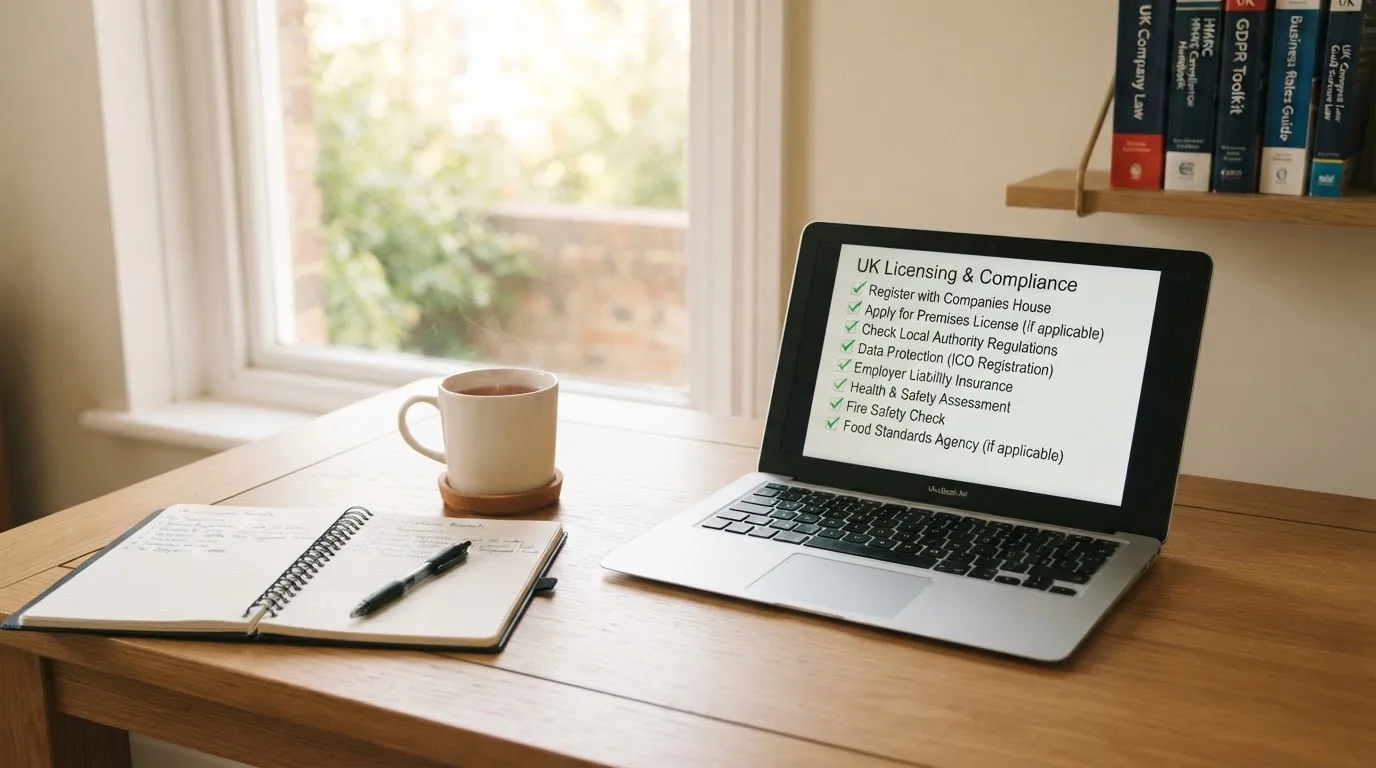 A tidy desk with a notebook, a mug of tea and a laptop open to a checklist, morning light through a window.