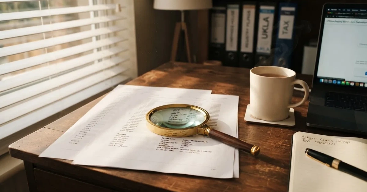 A magnifying glass rests over a printed offshore licence certificate on a wooden desk.