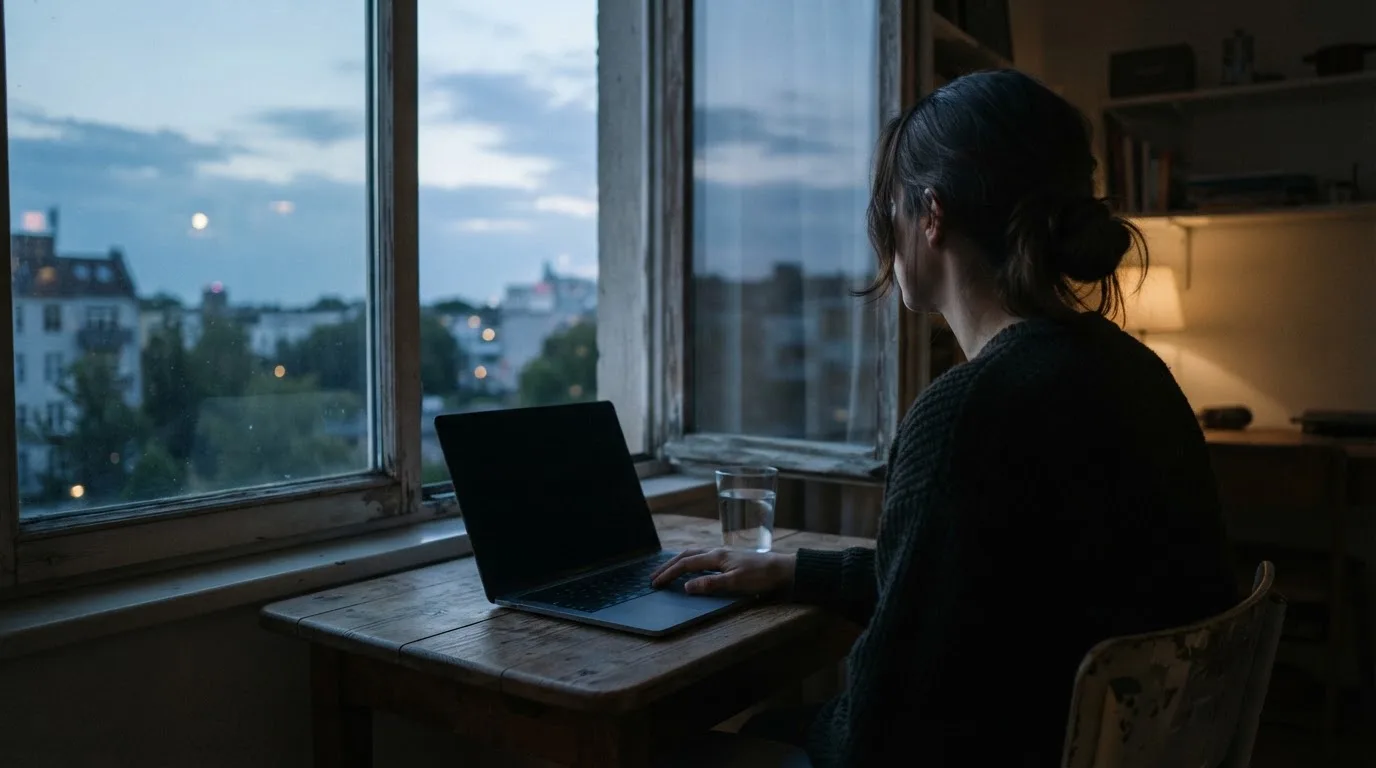A person closes a laptop and looks out of a window at dusk, a glass of water on the table beside them.