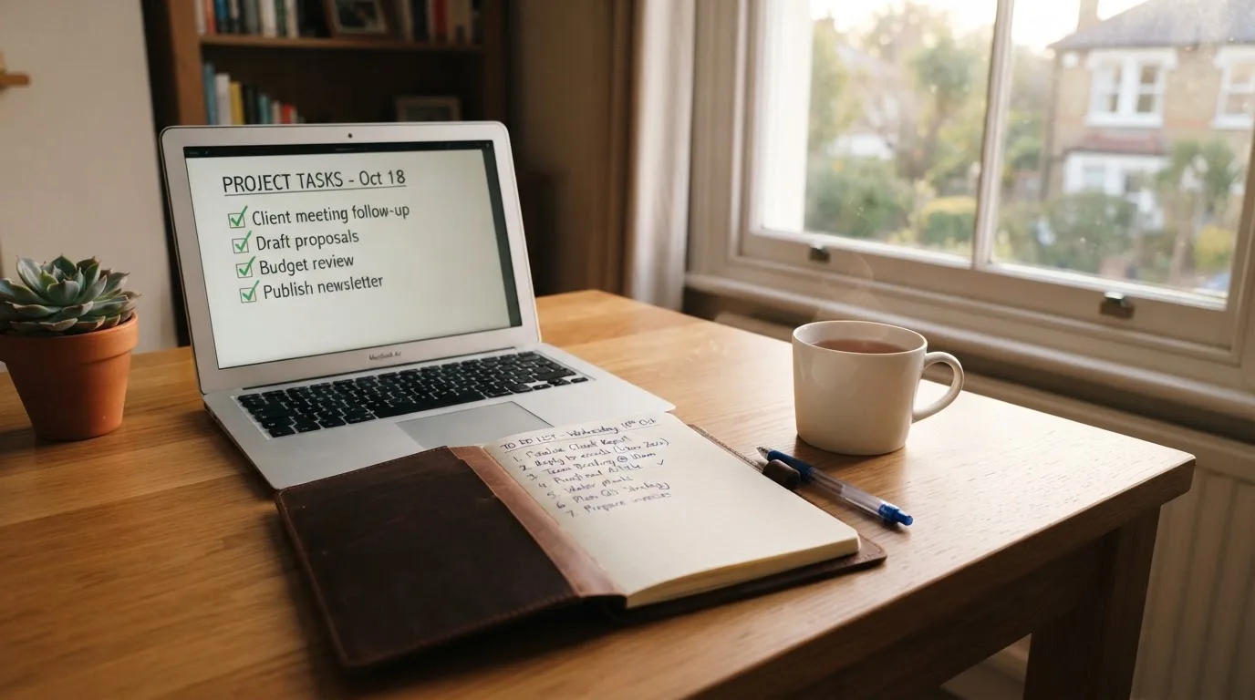 A tidy desk with a notebook, a mug of tea and a laptop open to a checklist, morning light through a window.