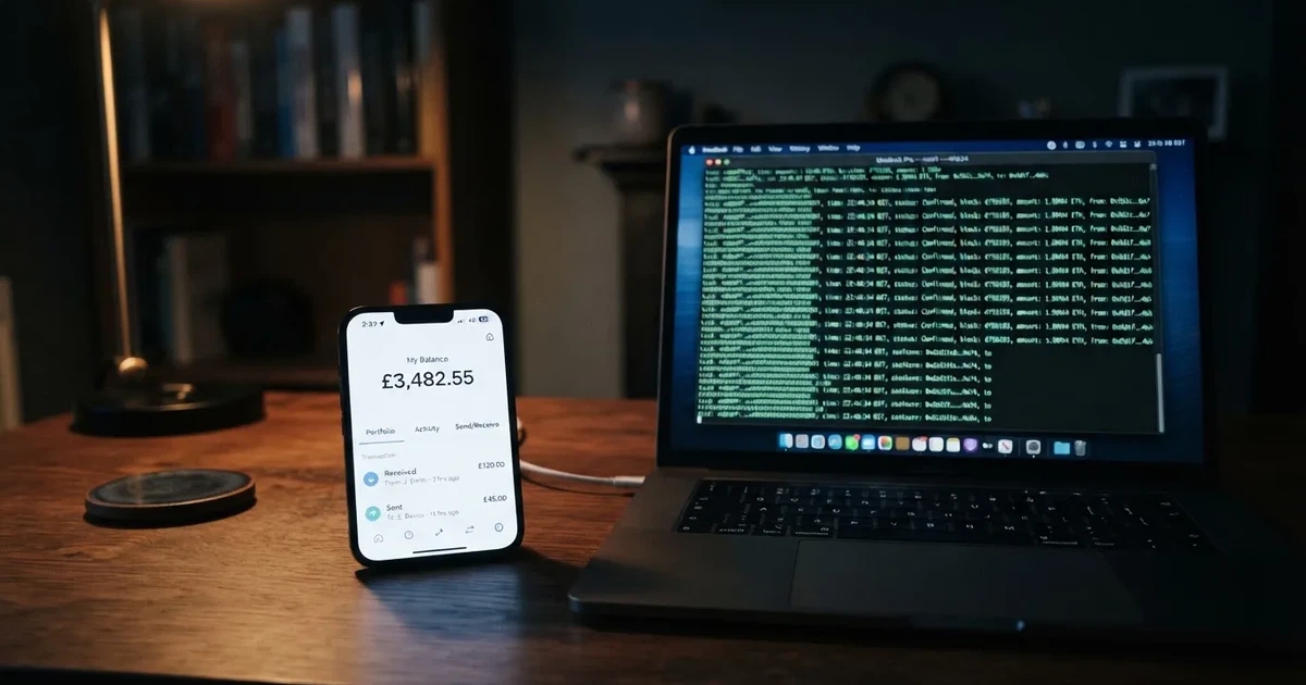 A smartphone displays a digital wallet balance next to a laptop showing scrolling transaction data in a dim room.