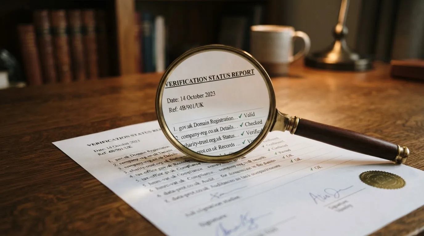 A magnifying glass rests over a printed regulatory certificate on a wooden desk.