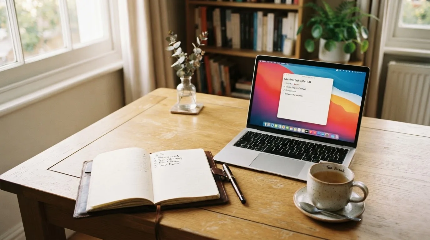 A tidy desk with a notebook, a mug of tea and a laptop open to a checklist, morning light through a window.