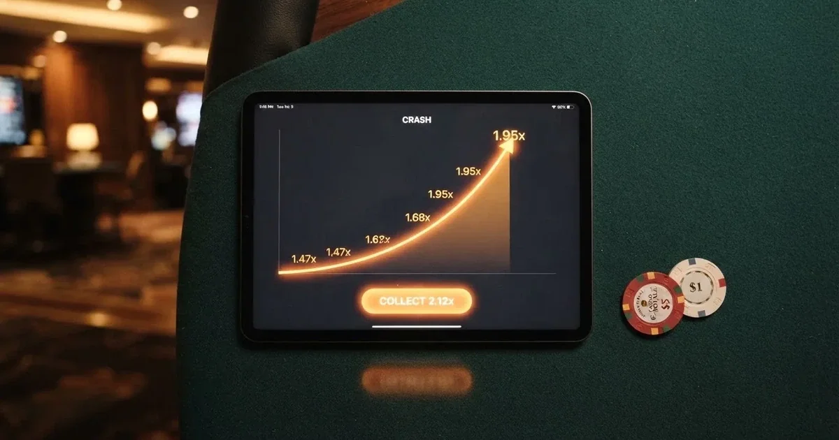 A tablet screen shows a rising flight-path line graph mid-round beside a cash-out button.