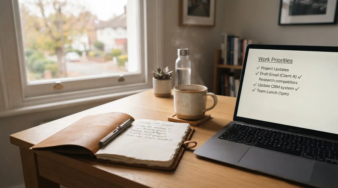 A tidy desk with a notebook, a mug of tea and a laptop open to a checklist, morning light through a window.