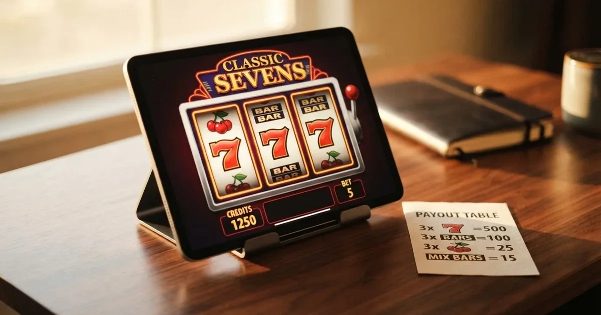 A tablet screen shows a simple three-reel slot layout with a payout chart beside it on a desk.