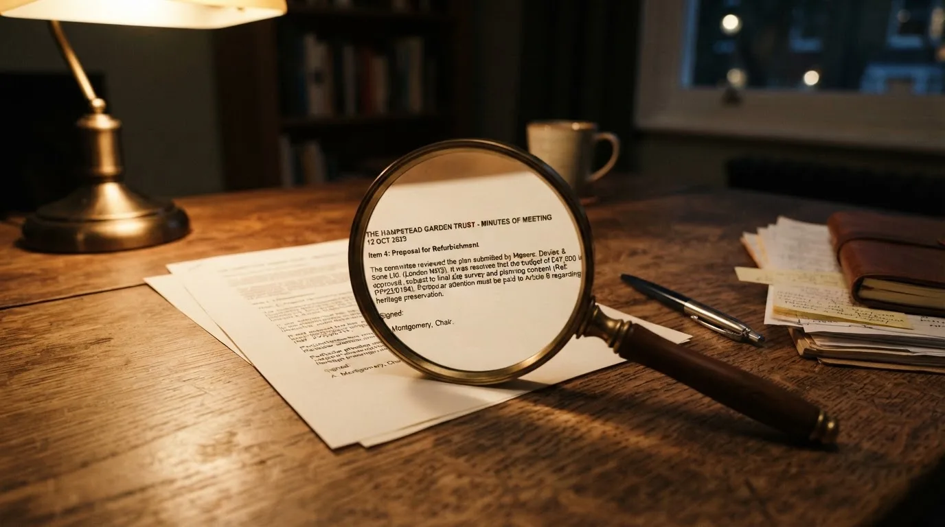A magnifying glass rests over a printed regulatory certificate on a wooden desk.