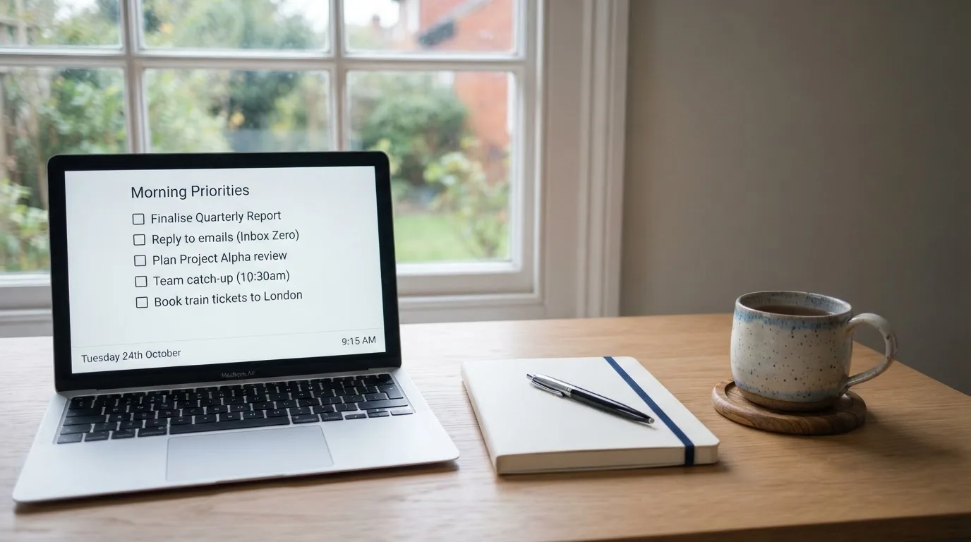 A tidy desk with a notebook, a mug of tea and a laptop open to a checklist, morning light through a window.