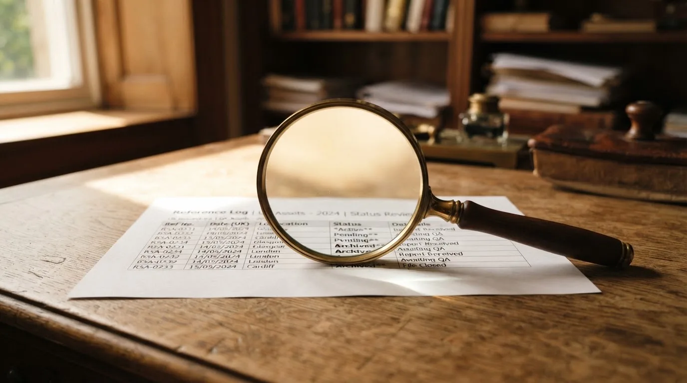 A magnifying glass rests over a printed regulatory certificate on a wooden desk.