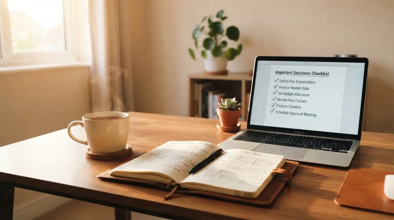 A tidy desk with a notebook, a mug of tea and a laptop open to a checklist, morning light through a window.