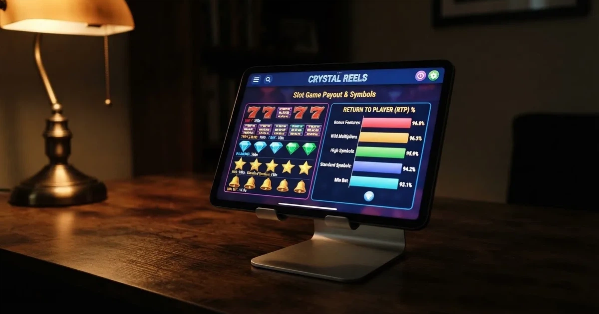 A tablet propped on a stand displays a grid of slot symbols and a payout chart in a dimly lit room.