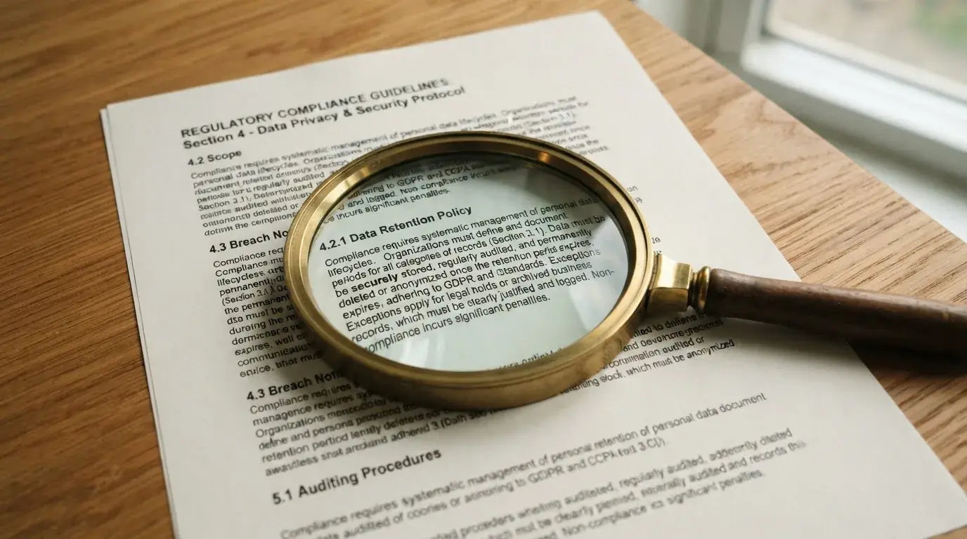 A magnifying glass rests over a printed regulatory certificate on a wooden desk.