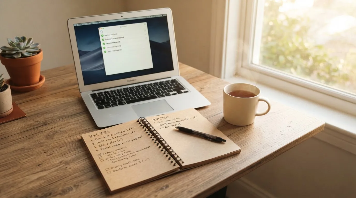 A tidy desk with a notebook, a mug of tea and a laptop open to a checklist, morning light through a window.