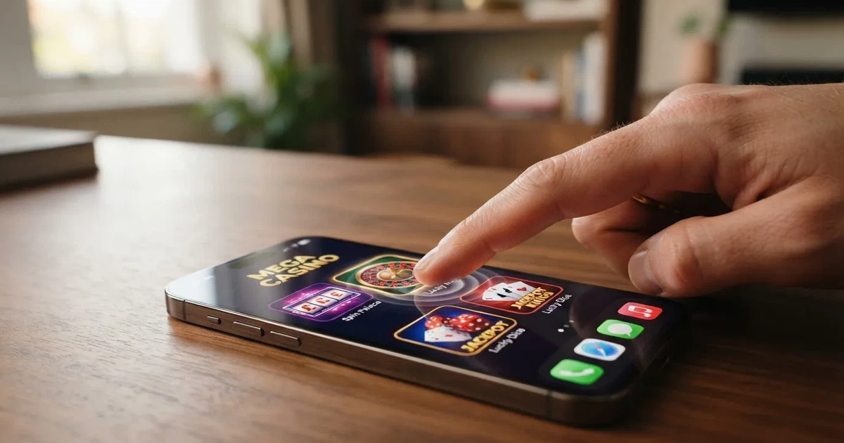 A close-up of a finger tapping a smartphone screen showing rows of casino-style app icons.