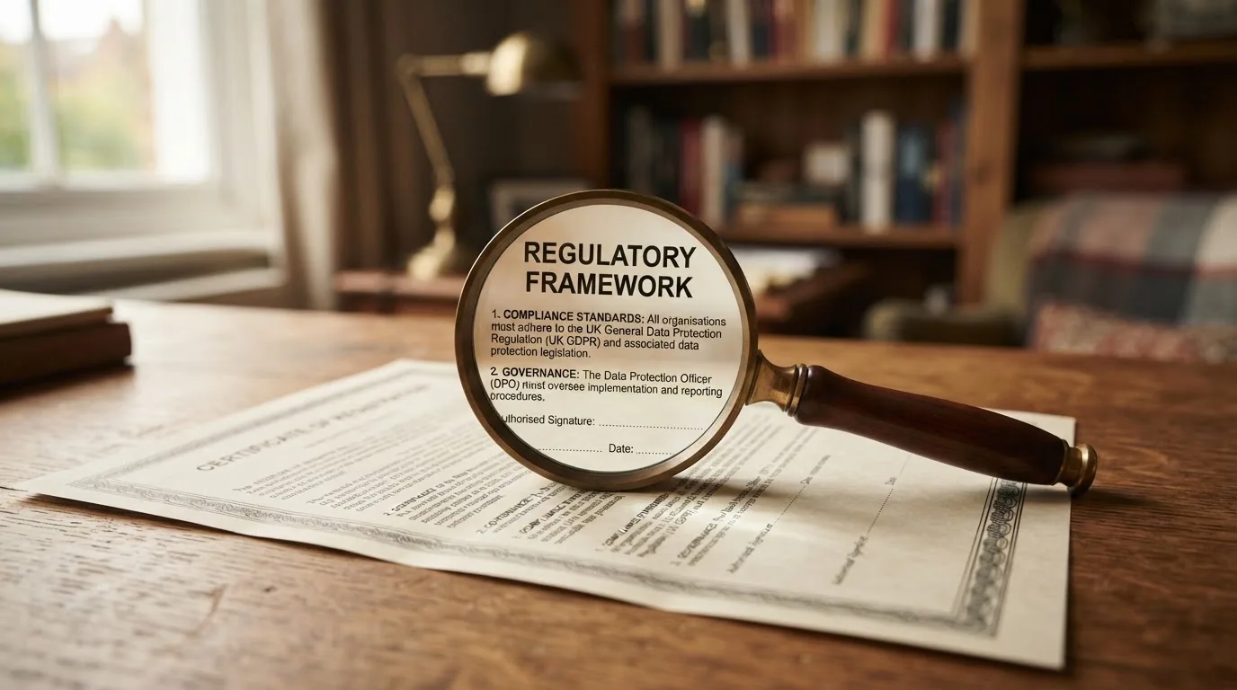 A magnifying glass rests over a printed regulatory certificate on a wooden desk.