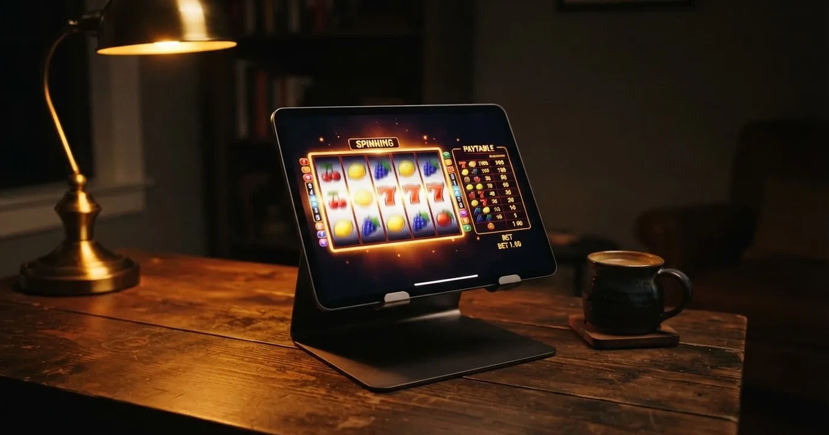 A tablet propped on a stand displays a grid of slot symbols and a payout chart in a dimly lit room.