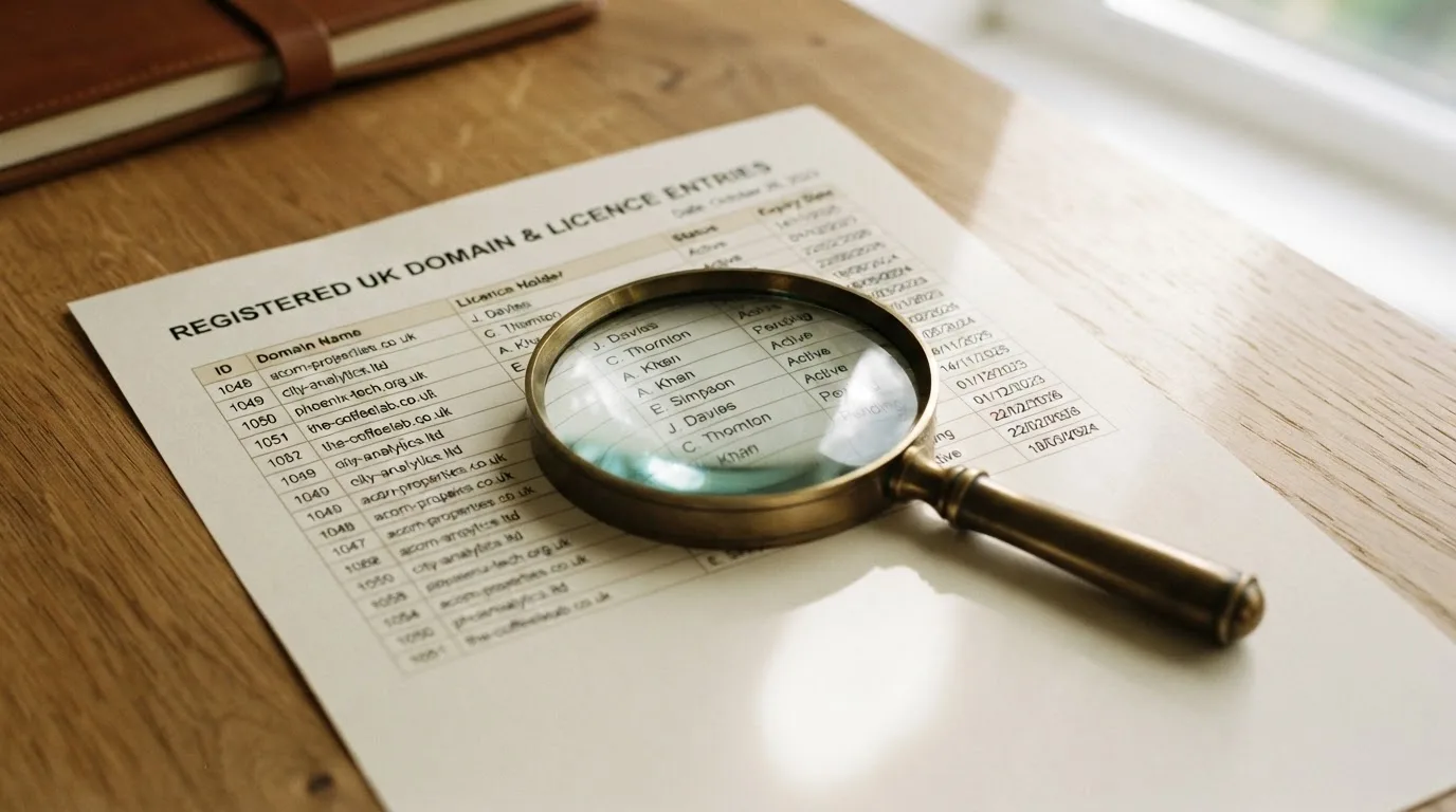 A magnifying glass rests over a printed regulatory certificate on a wooden desk.