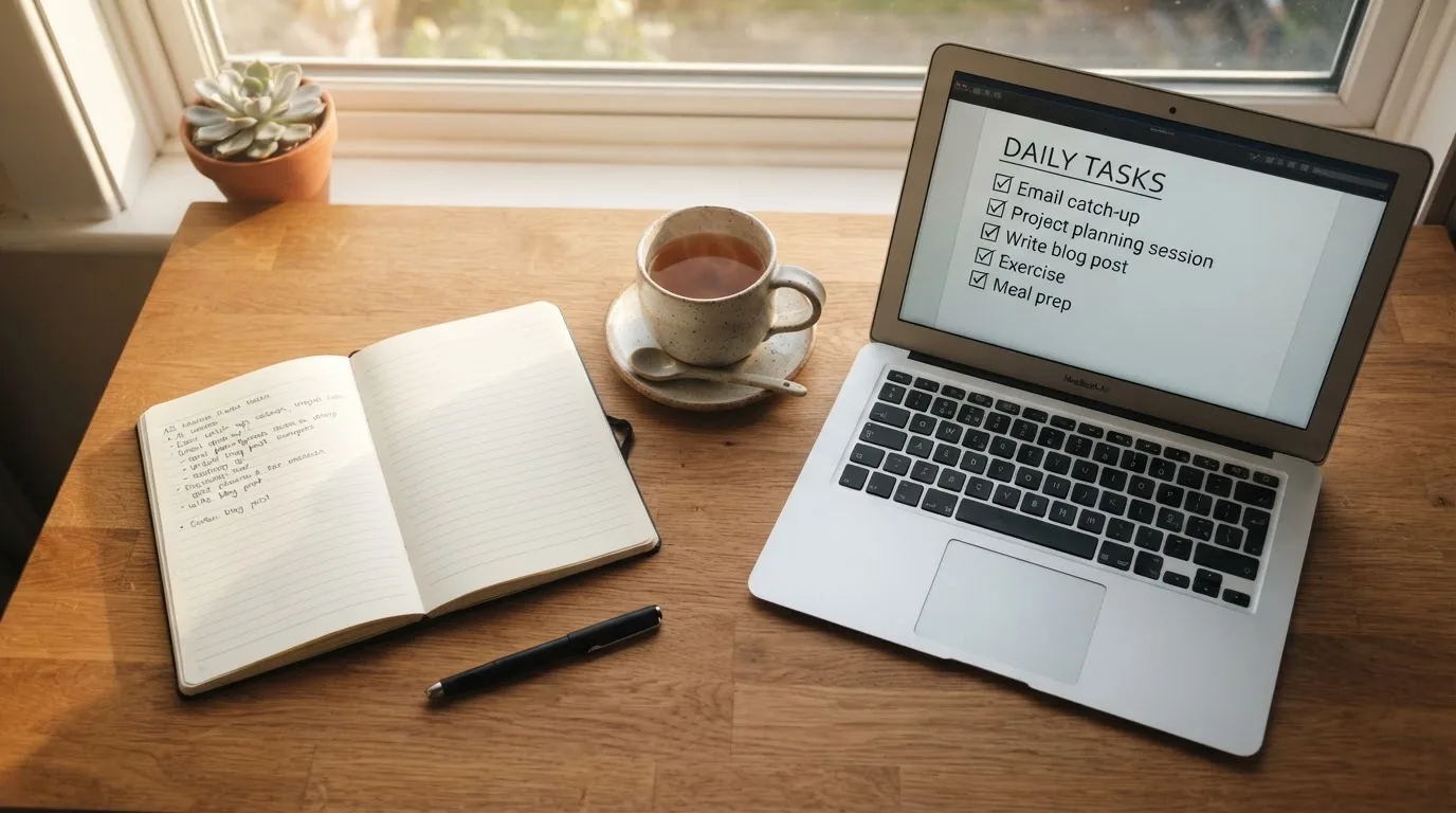 A tidy desk with a notebook, a mug of tea and a laptop open to a checklist, morning light through a window.