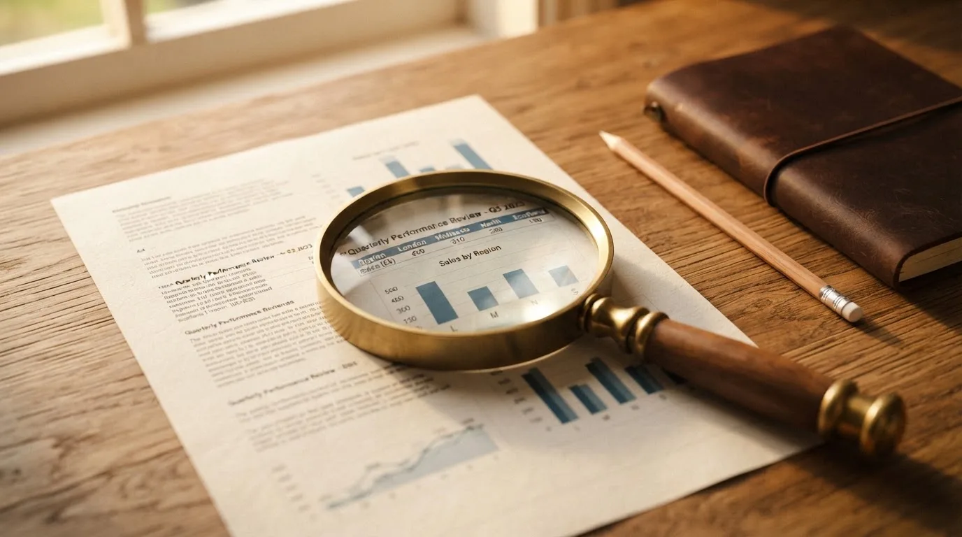 A magnifying glass rests over a printed regulatory certificate on a wooden desk.