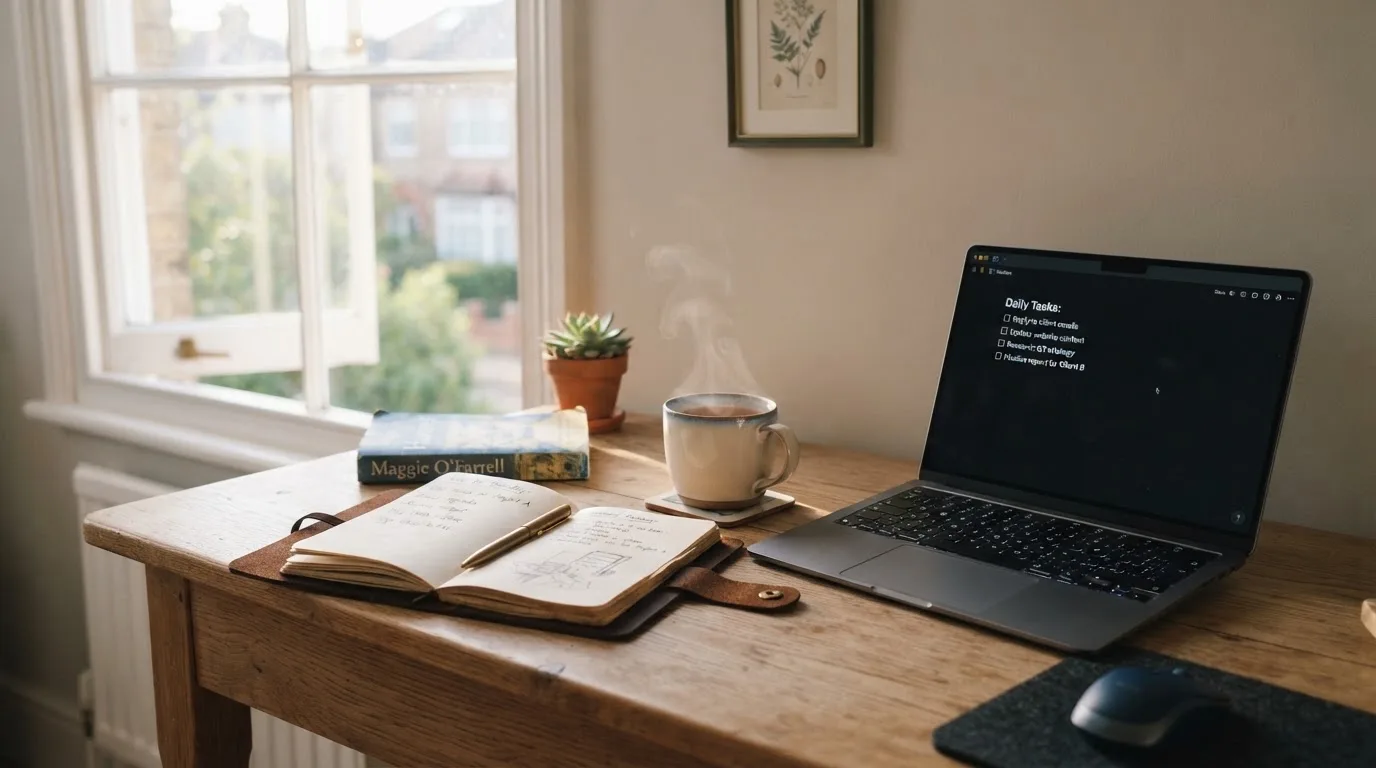 A tidy desk with a notebook, a mug of tea and a laptop open to a checklist, morning light through a window.